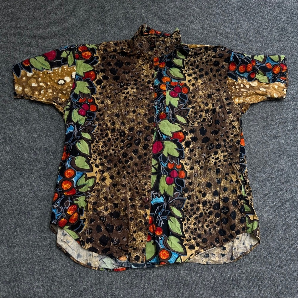 Venezia Vitale Button Up Shirt Womens 14/16 Brown Leopard Fruit Cotton Vintage